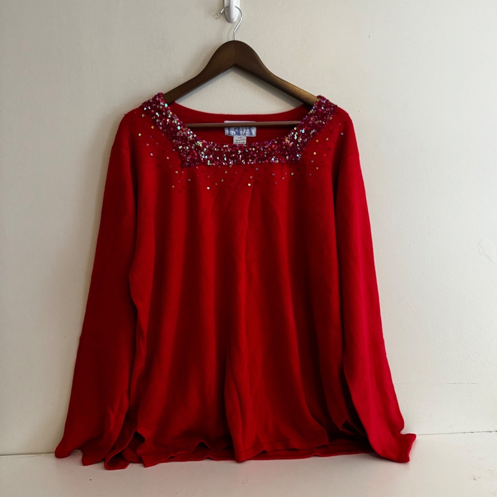 VTG BFA Classics Red Sequin Square Neck Long Sleeve Sweater Women's 2X Holiday
